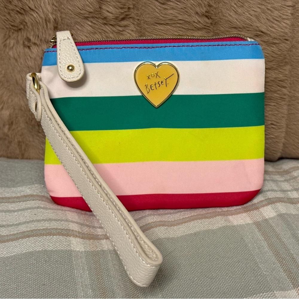 Betsey Johnson Bright Multicolor Stripe Wristlet with Cream Strap